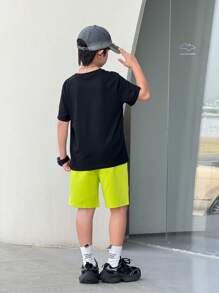 2pcs/Set Tween Boy Casual Letter Pattern Contrast Color Round Neck Short Sleeve T-Shirt And Shorts Set, Suitable For Commuting, School, Daily Casual Wear, Sports, Spring/Summer - Black - View 8