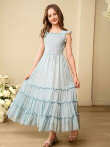 Vestido largo elegante de estilo princesa para niñas, sin mangas, con tirantes, de gasa esponjosa - Azul - Ver 4