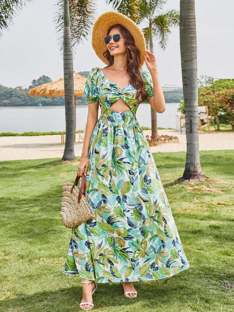 Breezaya Women's V-Neck Puff Sleeve Leaf Print Swing Dress - Multicolor - View 1