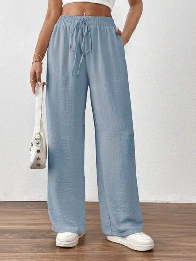 SHEIN PETITE Women Casual & Commute Solid Color Straight Leg Pants Fall Cloth For Women