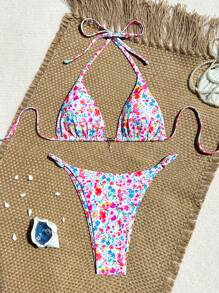 Swim Vcay 2-teiliges Set, neues, hochgeschnittenes Bikini-Bademode-Set mit Blumenmuster und seitlichem Knoten, Strandurlaubs-Bademode für Damen