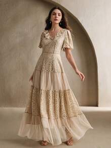Anewsta Women Lace Mesh Splice Long Dress, Spring And Summer, Suitable For Party - Apricot - View 7