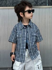 DAZY Young Boys' Plaid Print Button-Down Short Sleeve Shirts, Summer - Blue - View 4