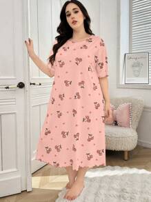CottageSlumber Plus Size Women Cherry Print Short Sleeve Sleepshirt With Lettuce Trim, Moo Moo Sleep Dress - Multicolor - View 6
