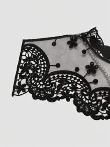 2 件女士性感镂空、交叉、系带、缎面流苏内衣套装、蕾丝、珍珠、露背设计 - 黑色 - 查看 3