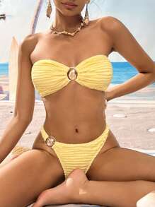 Swim Mod Summer Beach Vacation Ocean Style Metal Conch Decor Bandeau Bikini Set - Yellow - View 4