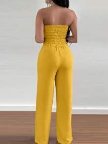 INAWLY Trägerloser rückenfreier Jumpsuit mit Gürtel-Deko, Lässig Urlaub - Gelb - Übersicht 3