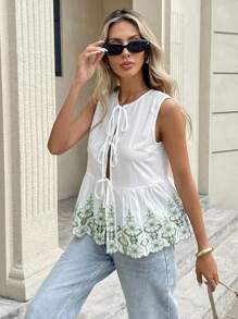 SHEIN Frenchy Women's Embroidery Ruffle Hem Tie Front Sleeveless Blouse Top Summer White Casual - White - View 5