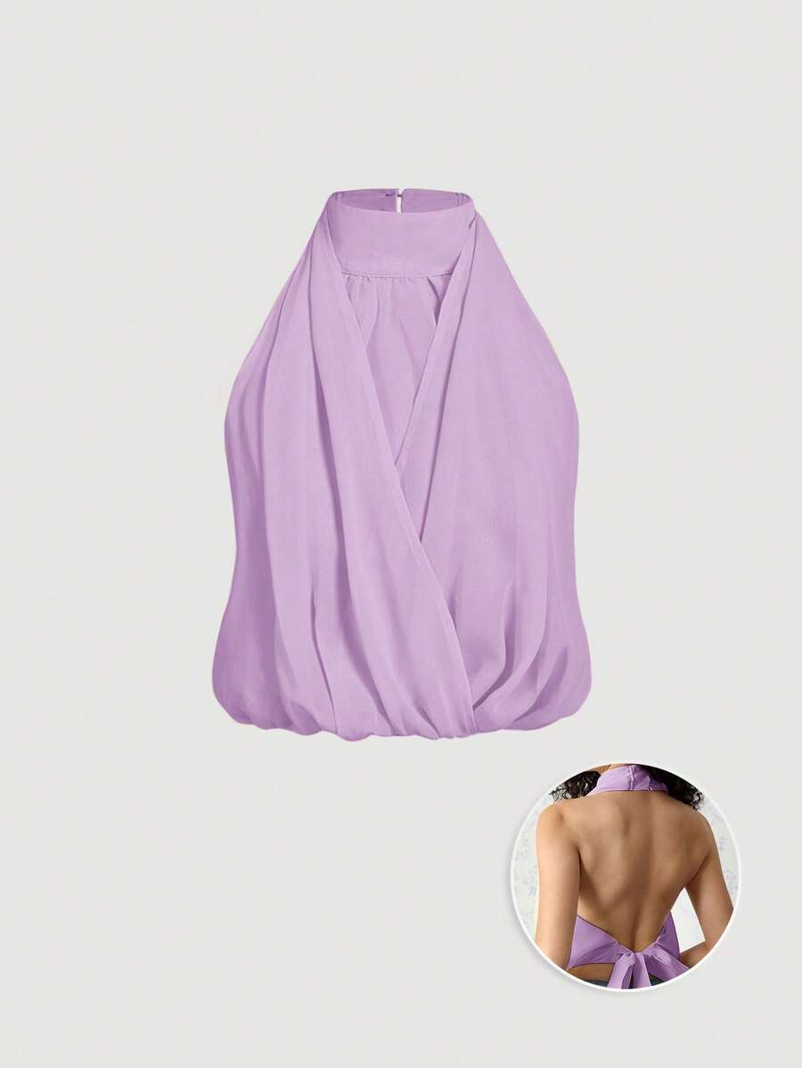 SHEIN MOD Women's Lilac Purple Chiffon Top,Summer Elegant Party Night Backless Stand Halter Neck,Overlap Ruched Bow Detail,Fitted Classy Fairycore Y2k Clothes - Lilac Purple - View 1