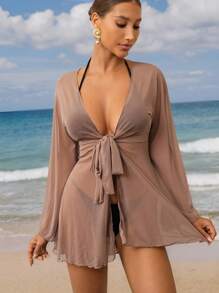 Swim Lushoire Women's Front Tie Long Sleeve Casual Sheer Cover Up Kimono Summer - Brown - View 1