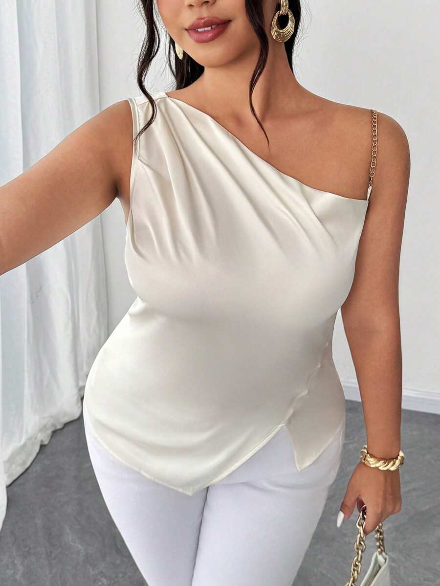SHEIN Unity 1pc Plus Size Solid Color Chain Strap Asymmetrical Hem Camisole - Apricot - View 1