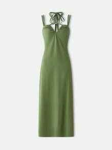 Maija Vestido de verano verde con espalda abierta para mujer, vestido maxi elegante y sencillo con tirantes cruzados, cola de gallo sin espalda, elegante, para fiesta, graduación profesional de damas y verano casual, Formal Vestido para fiestas/danza, outfit de cumpleaños