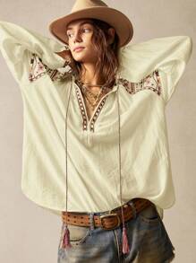 Bohemela Vacation Casual Retro Style Embroidered V-Neck Loose Women Blouse - Mustard Yellow - View 6