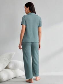 纯色罗纹 V 领短袖上衣和长裤孕妇休闲套装