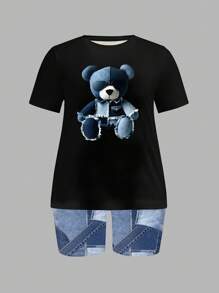 Slaydiva 2 件套大码女士休闲可爱卡通熊图案印花拼布短袖 T 恤和短裤套装，适合夏季 - 彩色 - 查看 2