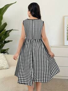 SHEIN Tween Girls' Casual Patchwork Peter Pan Collar Color Block Bow Decor Dress - Black - View 2