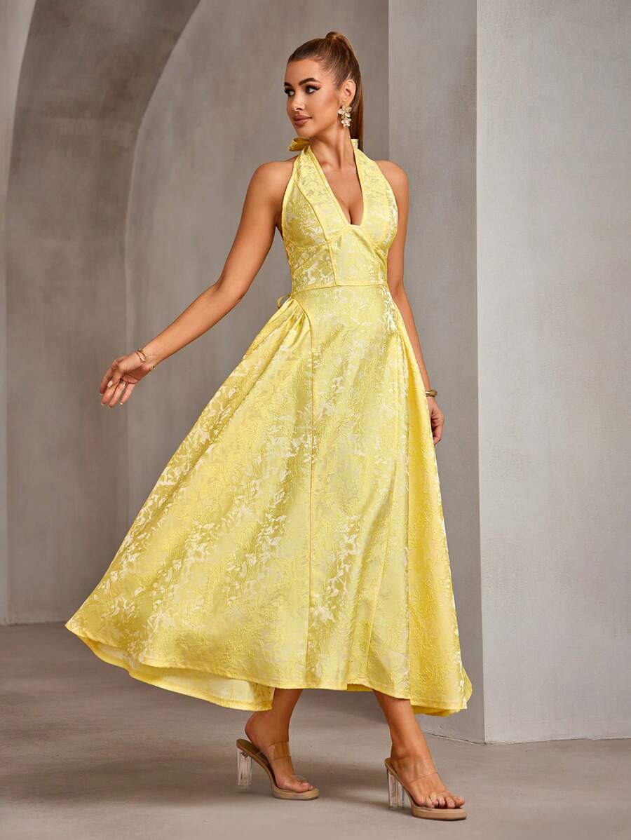 SHEIN Tall Vintage 3D Embossed Floral V-Neck Sleeveless Flare Dress For Women Women Dresses Birthday Women Birthday Outfit Women Plus Sun Dress - Yellow - View 1