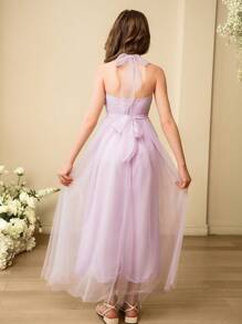 SHEIN Wedding Season Elegant Net Yarn Bridesmaid Dress For Tween Girls With Neck Hanging Design, Suitable For Weddings, Birthdays, Spring & Summer - Purple - View 5