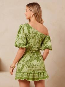 L'Amorae Vestito estivo da donna elegante con una spalla, maniche a sbuffo, apertura laterale, stampa verde tropicale sui bordi, adatto per outfit estivi, vacanze, compleanni, 4 luglio - Verde - Visualizzare 5