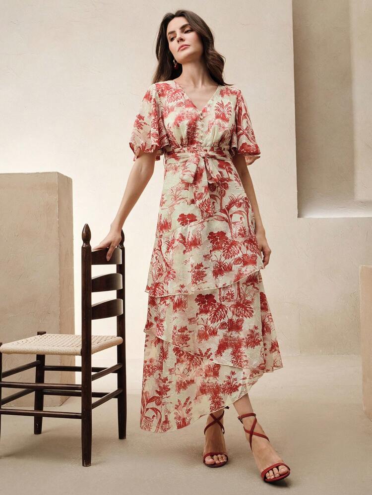 1pc Women's Long Floral Ruffle Sleeve Asymmetrical Hem Dress, Elegant & Casual For Holiday & Resort