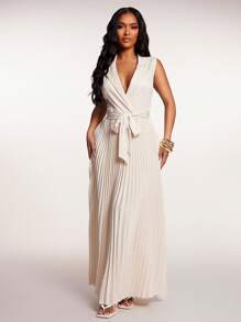 SHEIN SXY 女士性感优雅香槟色无袖褶皱飘逸连衣裙，适合休闲外出、工作、聚会、约会、正式场合 女士杏色西装外套连衣裙，适合日常穿着、工作、聚会、约会、婚礼、正式活动