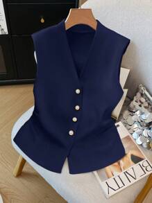 SHEIN Clasi 无袖开衫衬衫，优雅精致的女性设计 - 藏蓝色 - 查看 3