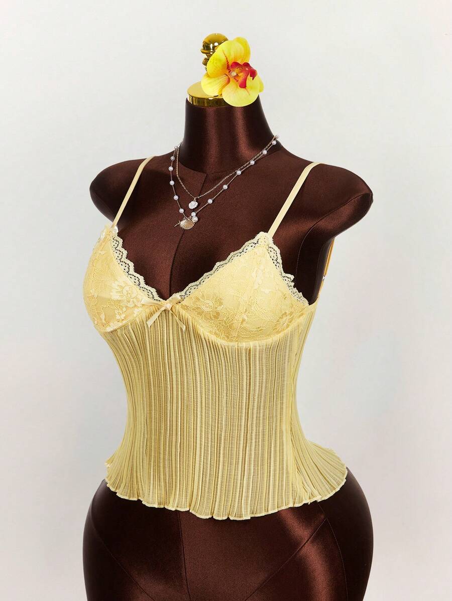 Amplova 女式蕾丝拼布生菜下摆吊带背心 - 黃色 - 查看 1