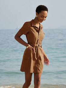 Aveloria Affinna Olivgrünes, vintage-amerikanisches, legeres, minimalistisches Streetwear-Militär-Kurzarmkleid mit Gürtel und Knöpfen für Frauen