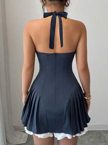 SHEIN Unity Sexy Summer Backless Halter Neck Pleated Hem Mini Dress - Dark Grey - View 2