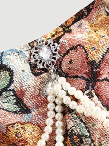 SHEIN MOD 复古宫廷蝴蝶图案提花拼布黑色裙摆连衣裙，蝴蝶结和奢华珍珠链装饰，内衬，适合约会、派对、茶会、生日装 - 黑色 - 查看 3