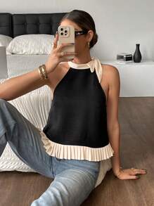 SHEIN Frenchy Top halter con volantes en el bajo, contraste de color para mujeres - Negro - Ver 4