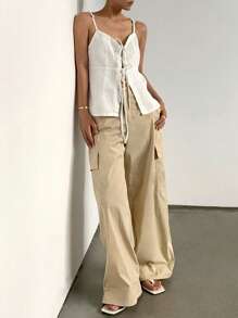 DAZY Top de tirantes atados de unicolor de mezclilla para mujer, verano - Beis - Ver 6