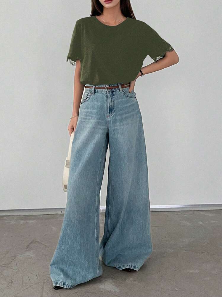 Women Contrast Lace Loose Short Sleeve Casual T-Shirt,Business Casual Women