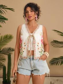 Travachic Plus Size Floral Print Sleeveless Casual Jacket - Beige - View 5