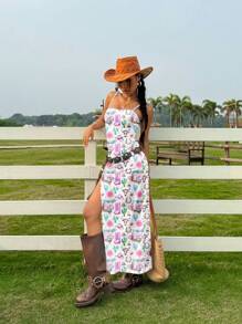 Muchica 女式休闲宽版西部牛仔波西米亚印花高开衩细肩带连衣裙，适合夏季、度假、春假、女生旅行