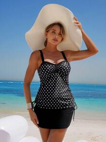Swim Lushoire 2pcs Women Polka Dot Printed Swimwear, Slimming & Flattering Hot Spring Holiday Swimwear Set For Summer Beach Vacation - Black - View 5