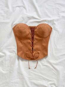 Soleia Bohemian Leather Camisole Top With Tie, Suede Panel, For Beach Vacation - Brown - View 9