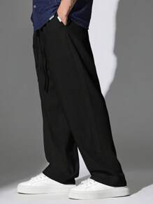 SUMWON 宽腿抽绳裤宽松休闲阔腿裤休闲裤度假服高舒适时尚长裤 - 黑色 - 查看 2