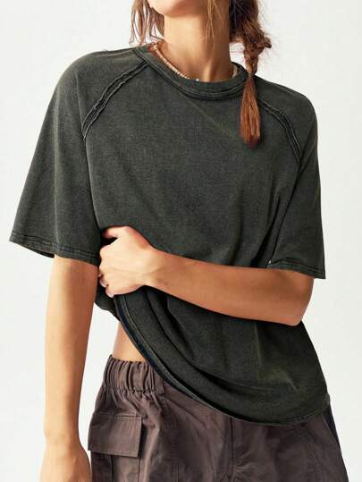 Bohemela Camiseta casual de mujer de punto de cuello redondo, manga corta, suelta y lavada de unicolor