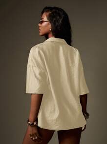 MISSGUIDED Bộ đồ hai mảnh đi biển mùa hè cài nút tay ngắn vải lanh có họa tiết mặc ở nhà đi nghỉ mát thường ngày kèm quần short cạp chun - Màu be - Xem 2