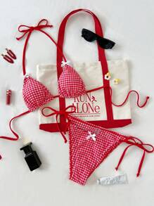 Swim Mod Summer Beach Holiday Cute & Sweet Plaid Textured Bow Decor Triangle Cup Tie Side Bikini Set - Red and White - View 1