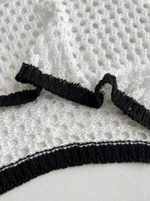 SHEIN Swim Curve Plus Size Women Black & White Knit Long Sleeve Belted Kimono Cover Up, Casual For Vacation And Beach For Summer