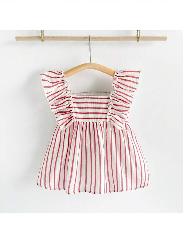 Loomiva Young Girl Striped Pattern Ruffle Flounce Sleeve A-Line Casual Vest, Spring/Summer