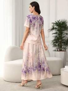 Lacomfia 2 件优雅女士服装：印花套头衫和中长裙套装，夏季 - 彩色 - 查看 2