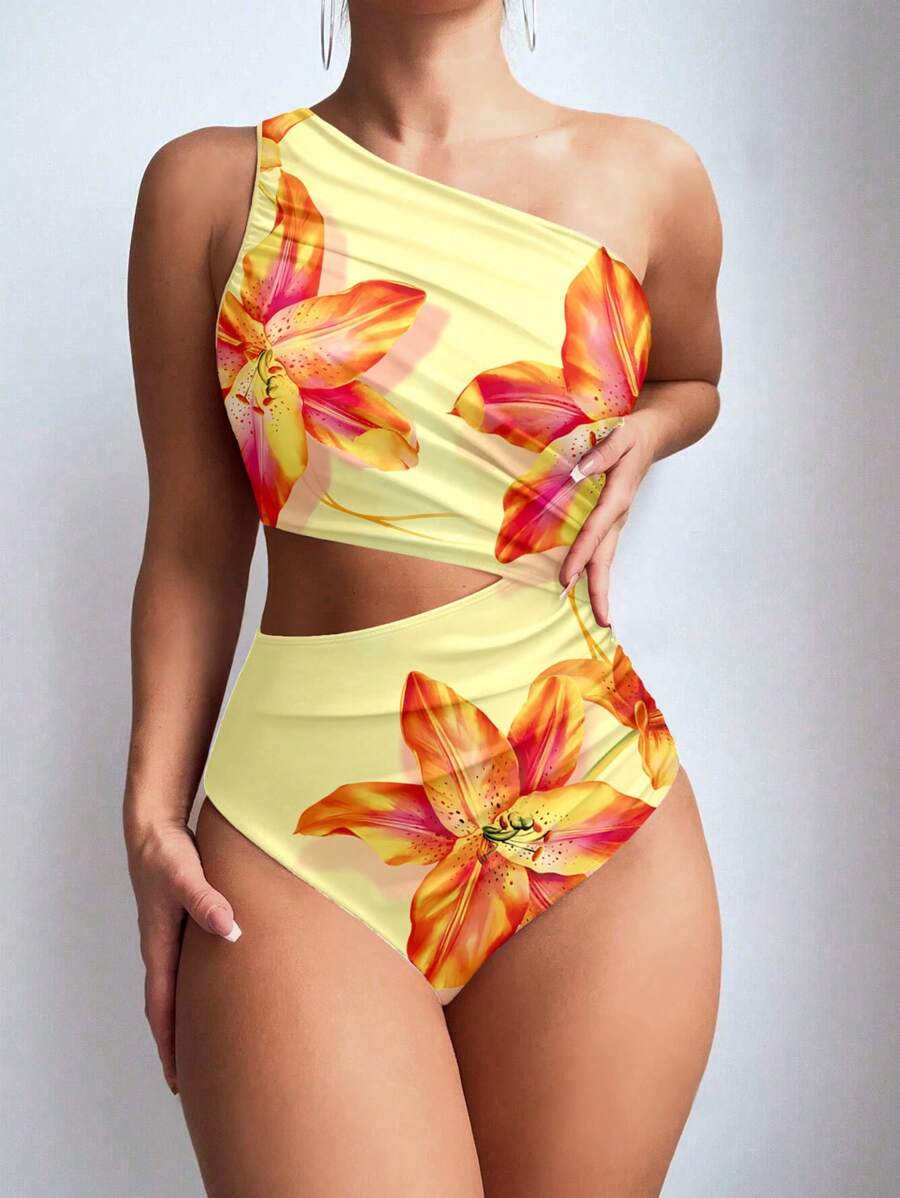 SHEIN Swim 1pc Women One-Piece Asymmetrical Random Print Sleeveless Casual Comfortable Swimsuit, Suitable For Vacation For Summer
