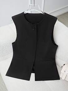 Flirla Women's Commuter Elegant Design Arcuate Split Vest Jacket, Button Pocket Decor Black Round Neck Open Front Top