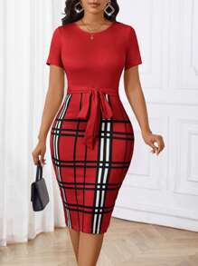 SHEIN Lady Đầm nữ cổ sơ mi đen in họa tiết thiết kế khóa kéo ôm vừa vặn - Đỏ - Xem 6