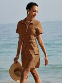 Aveloria Affinna Olivgrünes, vintage-amerikanisches, legeres, minimalistisches Streetwear-Militär-Kurzarmkleid mit Gürtel und Knöpfen für Frauen