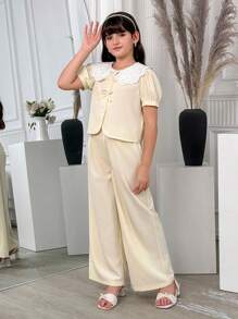 2pcs Girls Outfit: Pale Pink Peplum Top With Wide-Leg Pants - Apricot - View 4