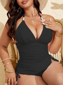 Swim Lushoire 加大码女式两件套特殊面料泳衣，吊带项链，深 V 领，可拆卸衬垫，高腰侧系带侧褶三角形泳裤，优雅修身休闲度假沙滩泳装 - 黑色 - 查看 4